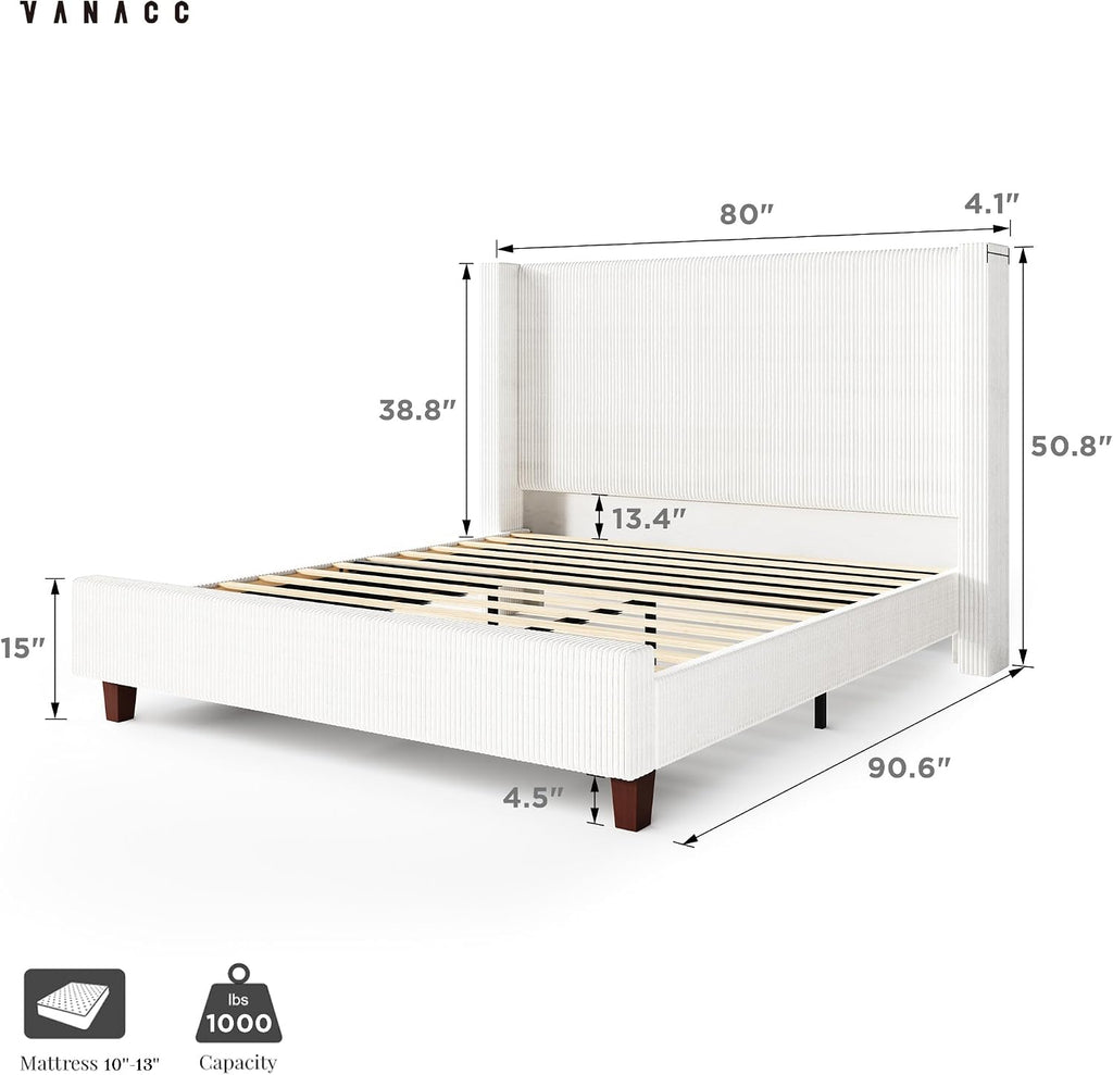 VanAcc California King Size Platform Bed Frame, 50.8' Corduroy Upholstered Bed with Vertical Channel Tufted Headboard/Wooden Slats/Wingback/No Box Spring Required/White
