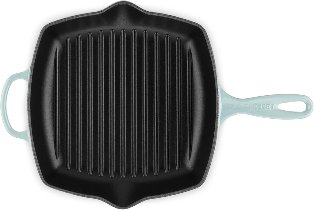 Le Creuset Enameled Cast Iron Signature Square Skillet Grill, 10.25', Sea salt