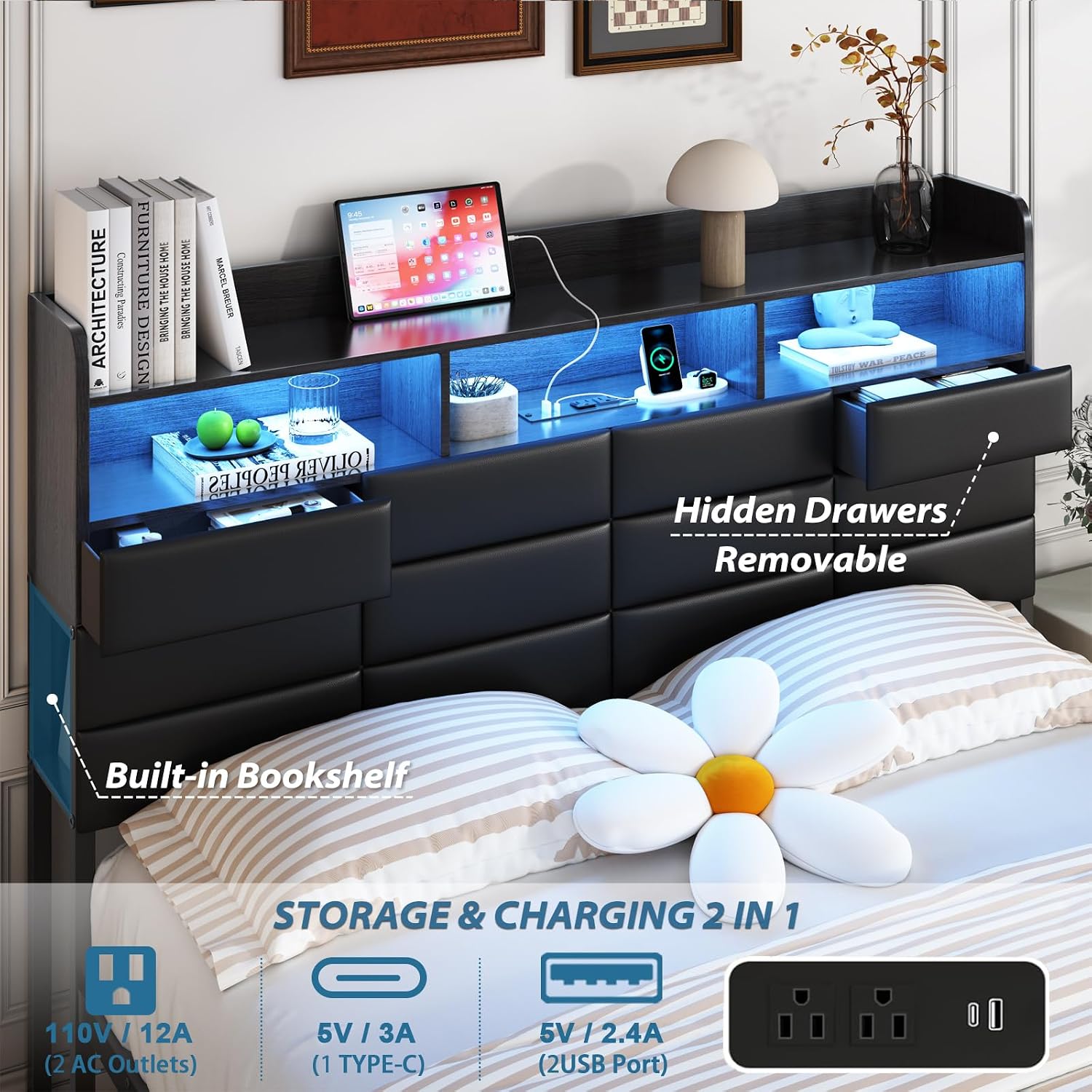 King Bed Frame with Storage Headboard, Upholstered Black Bed Frame with 4 Drawers, LED Lights, and Charging Station, Heavy-Duty Metal Slats Support, Noise-Free