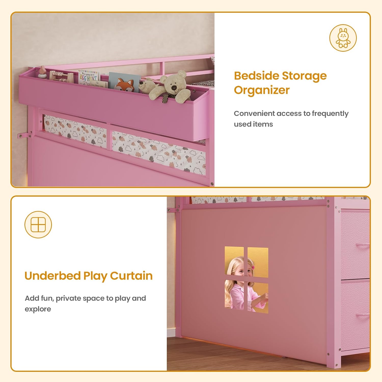 ADORNEVE Low Loft Bed Twin Size with 7 Storage Drawers, Bookcase and LED Lights, Metal Kids Loft Bed with 14' H Safety Guardrail,Inclined Ladder and Play Curtain, Under-Bed Play Space,Pink