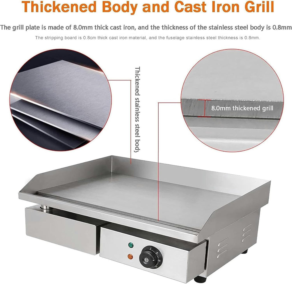 3000W Electric Griddle, Commercial Countertop Cooking Hot Plate BBQ Grill, 50-300℃ Adjustable Stainless Steel Teppanyaki for BBQ Cooking Steak, Pancakes