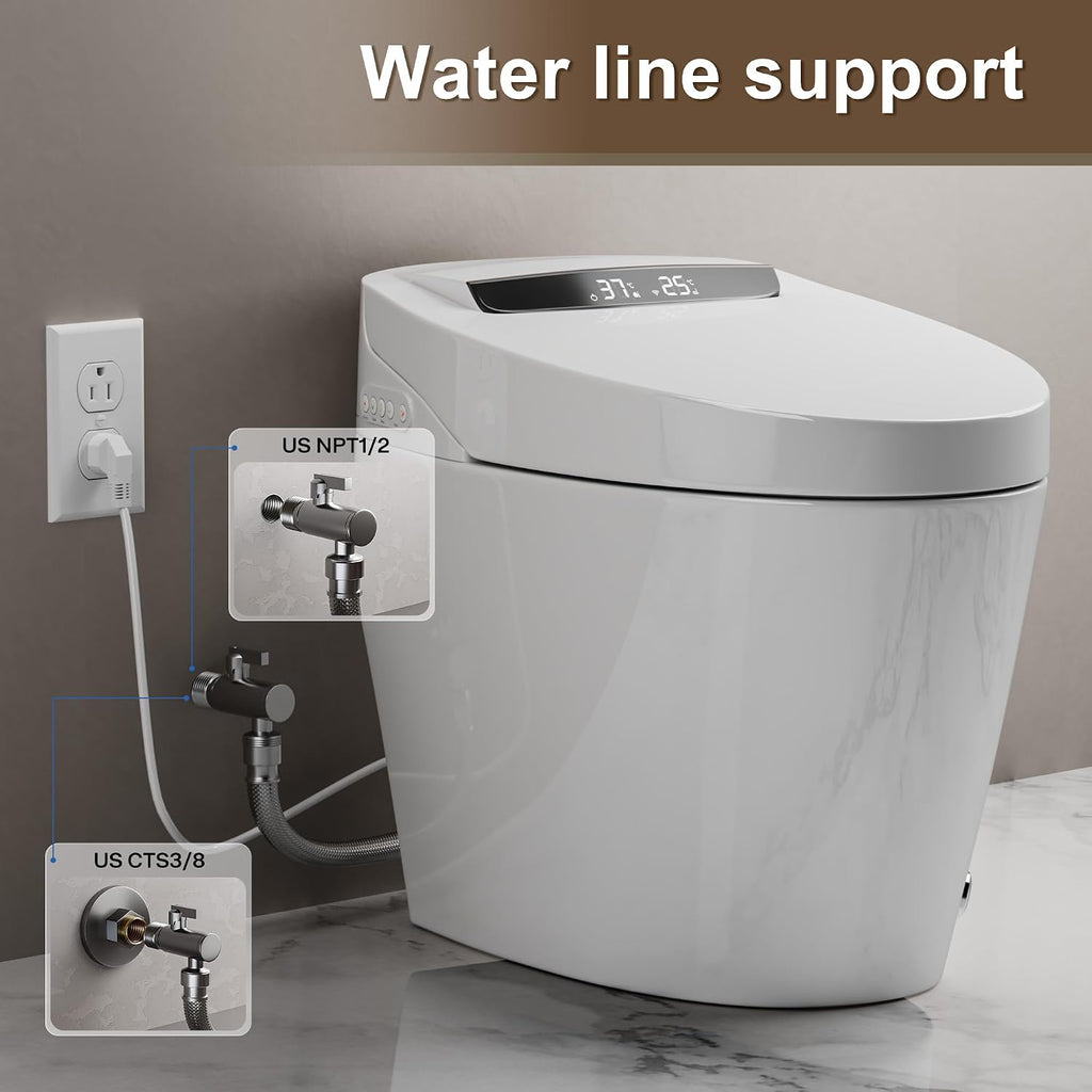 Smart Toilet with Bidet and Foam Shield Splash-Proof Protection, Touchless Auto Open Lid & Self-Cleaning, Modern Tankless Toilet with Remote Control, Heated Seat for Home Use