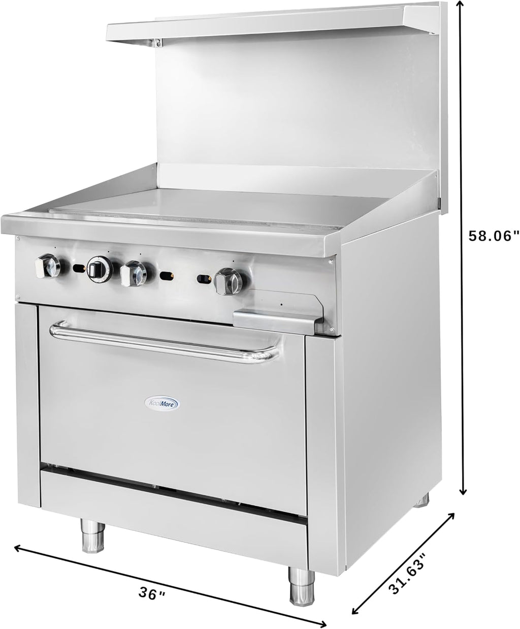 KoolMore 36 in. Commercial Natural Gas Oven with Full Griddle Top, Ceramic Coated Interior and Large Upper Shelf, 90000 BTU, CSA Listed in Stainless-Steel (KM-CRG36G-NG)