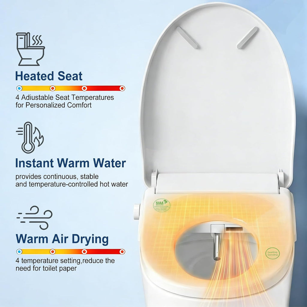 Electric Smart Bidet Toilet Seat with Remote Control, Heated Seat, Instant Warm Water & Air Dryer, Advanced Safety Features, Stainless Steel Nozzle, Slow Close Lid, Silent, Elongated, White