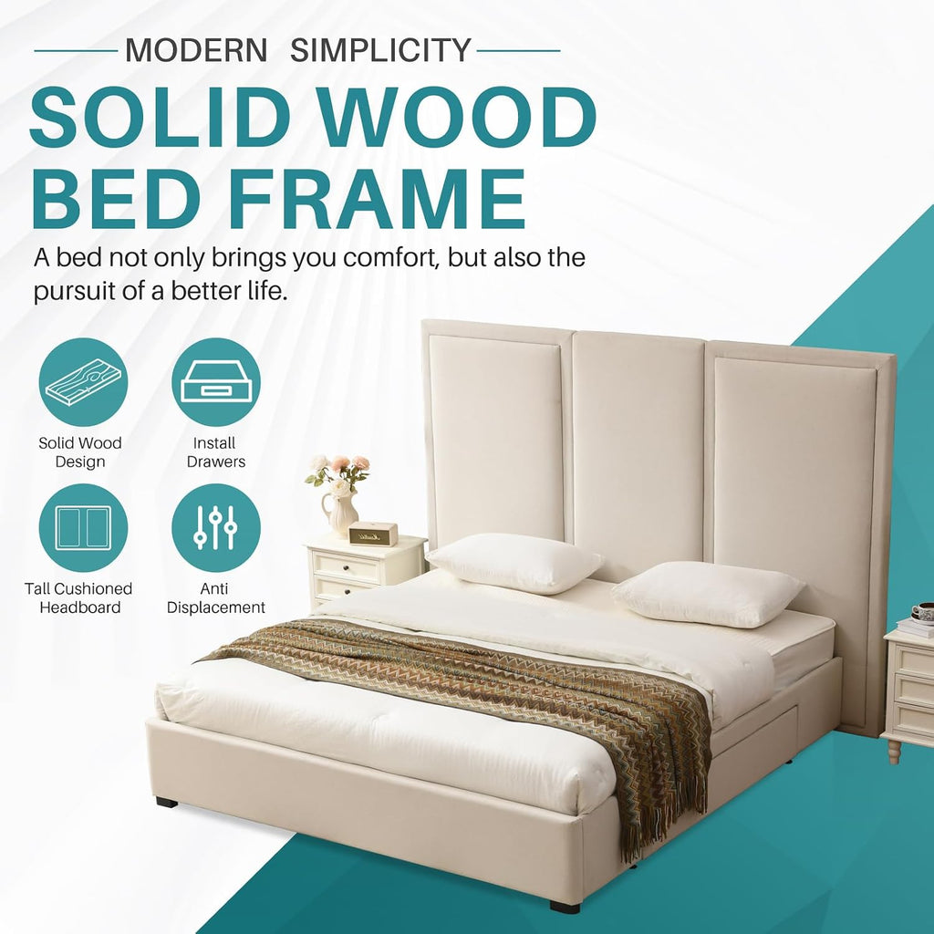 YUHUASHI King Size Bed Frame with 64-inch High Headboard, Simple and Airy Linen Upholstered Platform Bed with Storage Drawers, Wood Slat, No Noise (Beige, King)