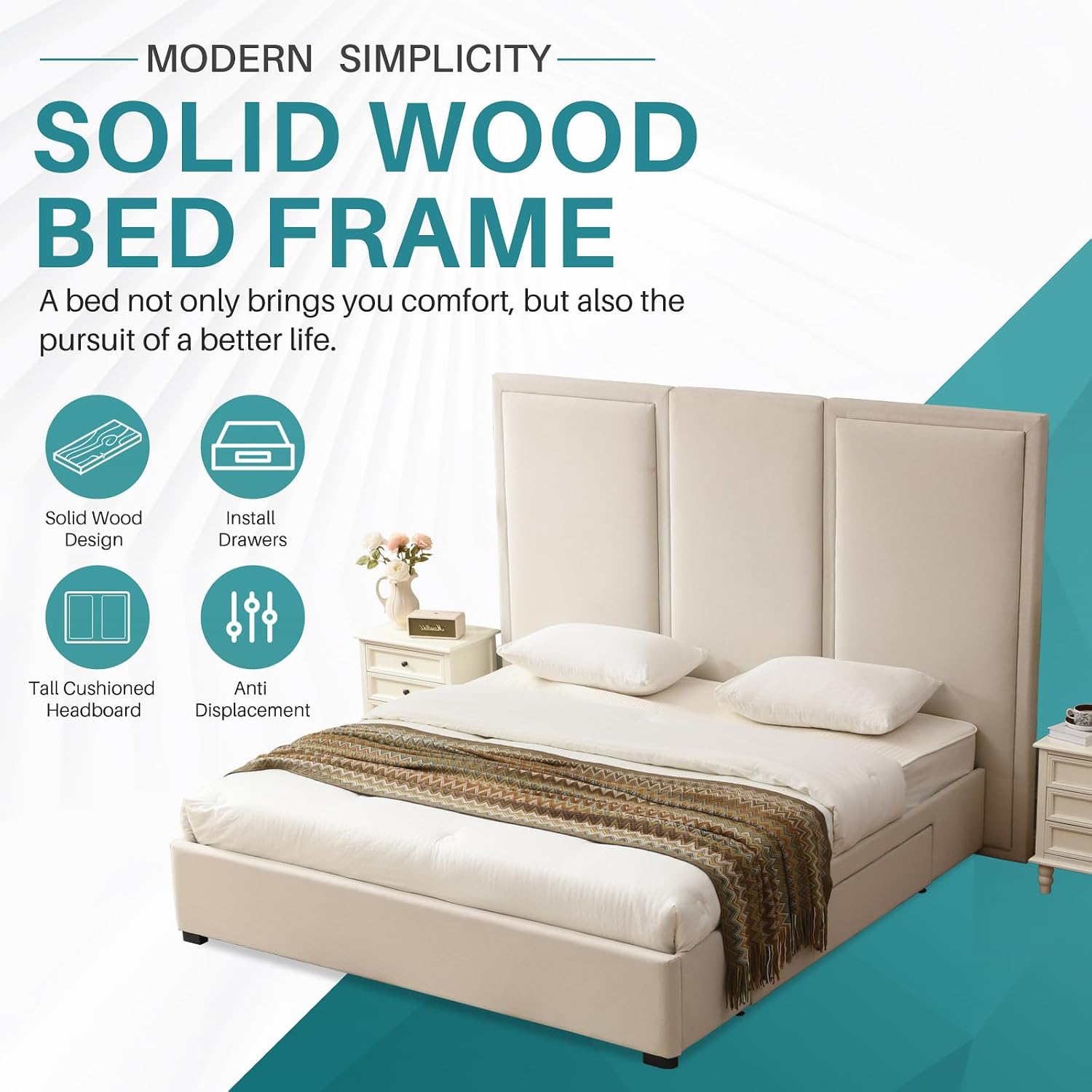 YUHUASHI King Size Bed Frame with 64-inch High Headboard, Simple and Airy Linen Upholstered Platform Bed with Storage Drawers, Wood Slat, No Noise (Beige, King)