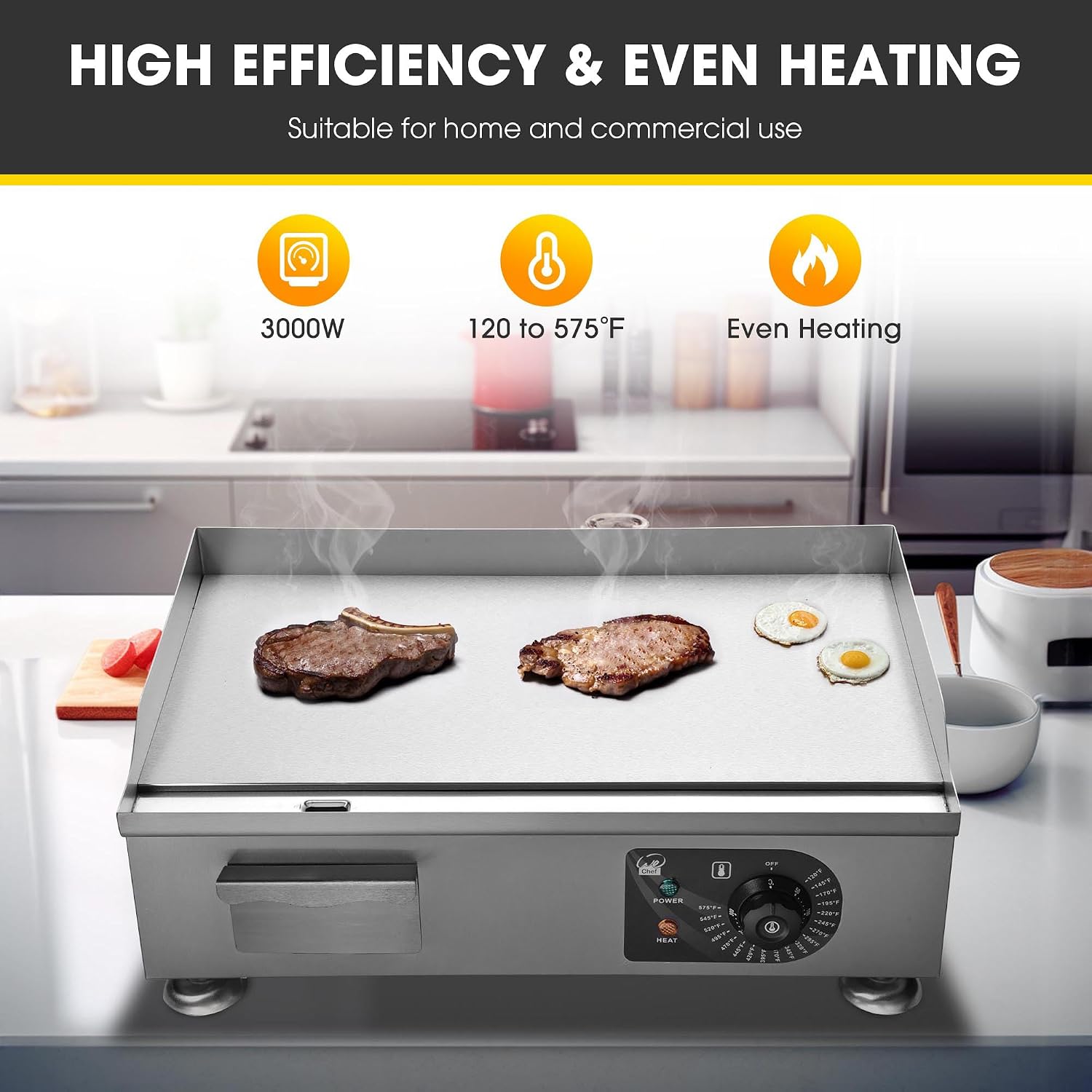 WeChef 22'Commercial Griddle 3000W Electric Countertop Griddle Non-Stick Flat Stainless Steel Adjustable Restaurant Grill Temperature Control Restaurant BBQ Grill