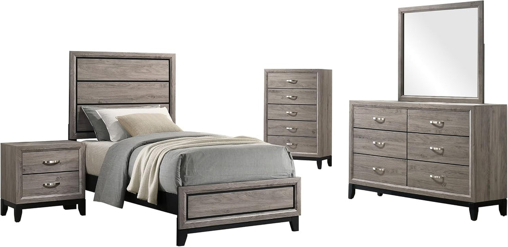 Coaster Home Furnishings - Watson - Wood - 5-Piece Bedroom Set with Panel Headboard and Groove Details - Bedroom - Twin Size - Light Taupe - 215911T-S5