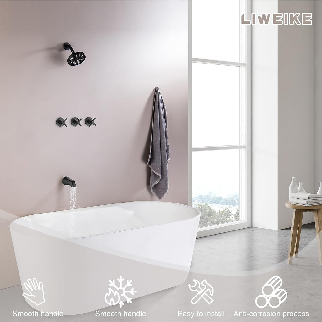 LIWEIKE 3 Handle Tub Shower Faucet, Matte Black Three Handles Shower Faucet Set with Tub and Shower Faucet Combo Rough-in Valve