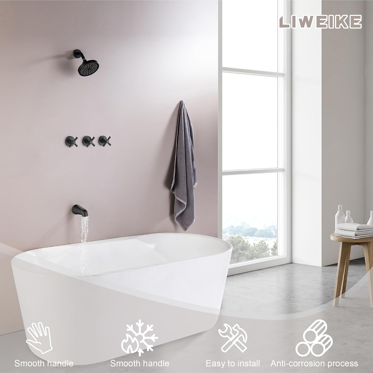LIWEIKE 3 Handle Tub Shower Faucet, Matte Black Three Handles Shower Faucet Set with Tub and Shower Faucet Combo Rough-in Valve