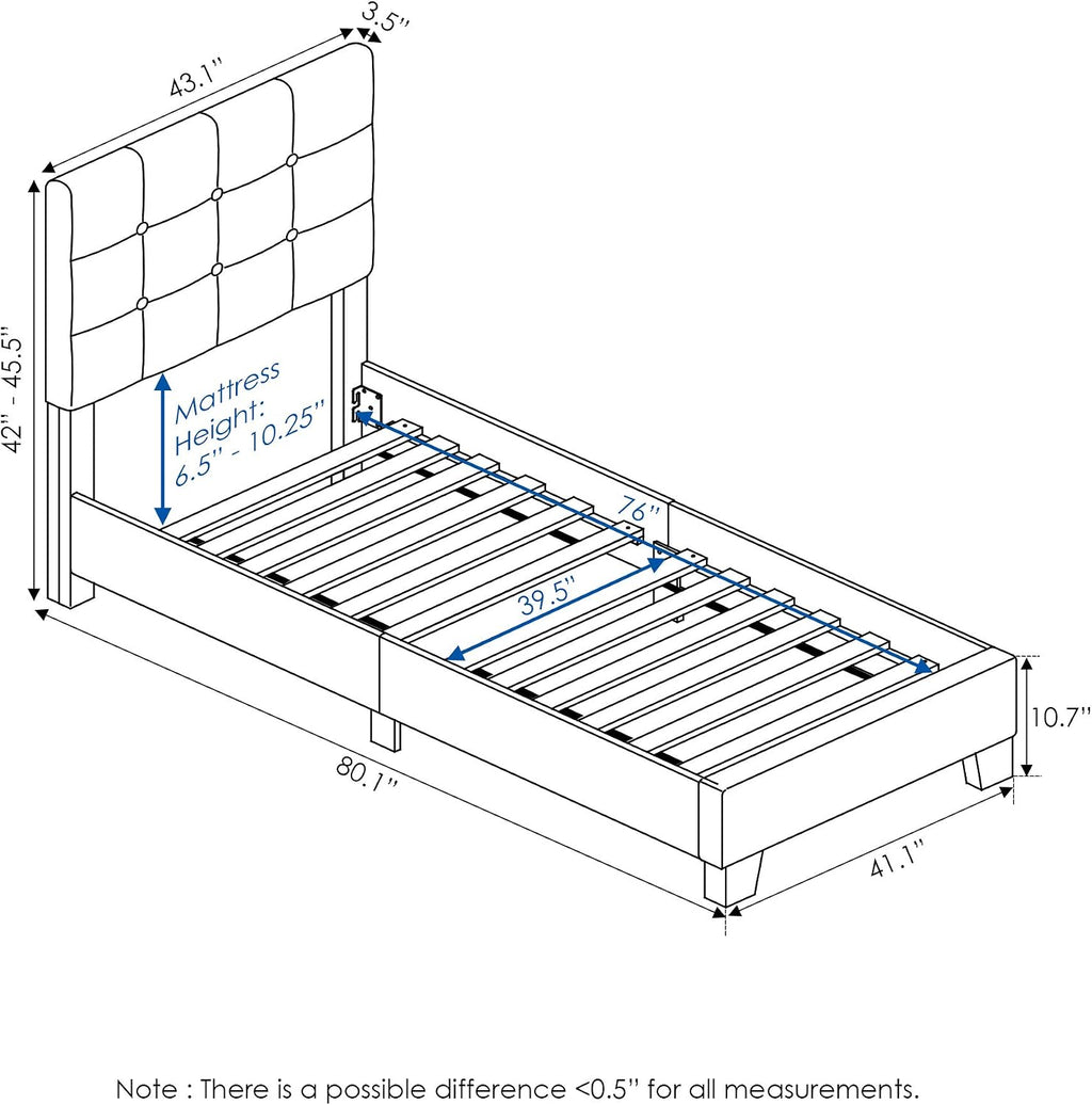 Furinno Laval Button Tufted Upholstered Platform Bed Frame, Twin, Glacier