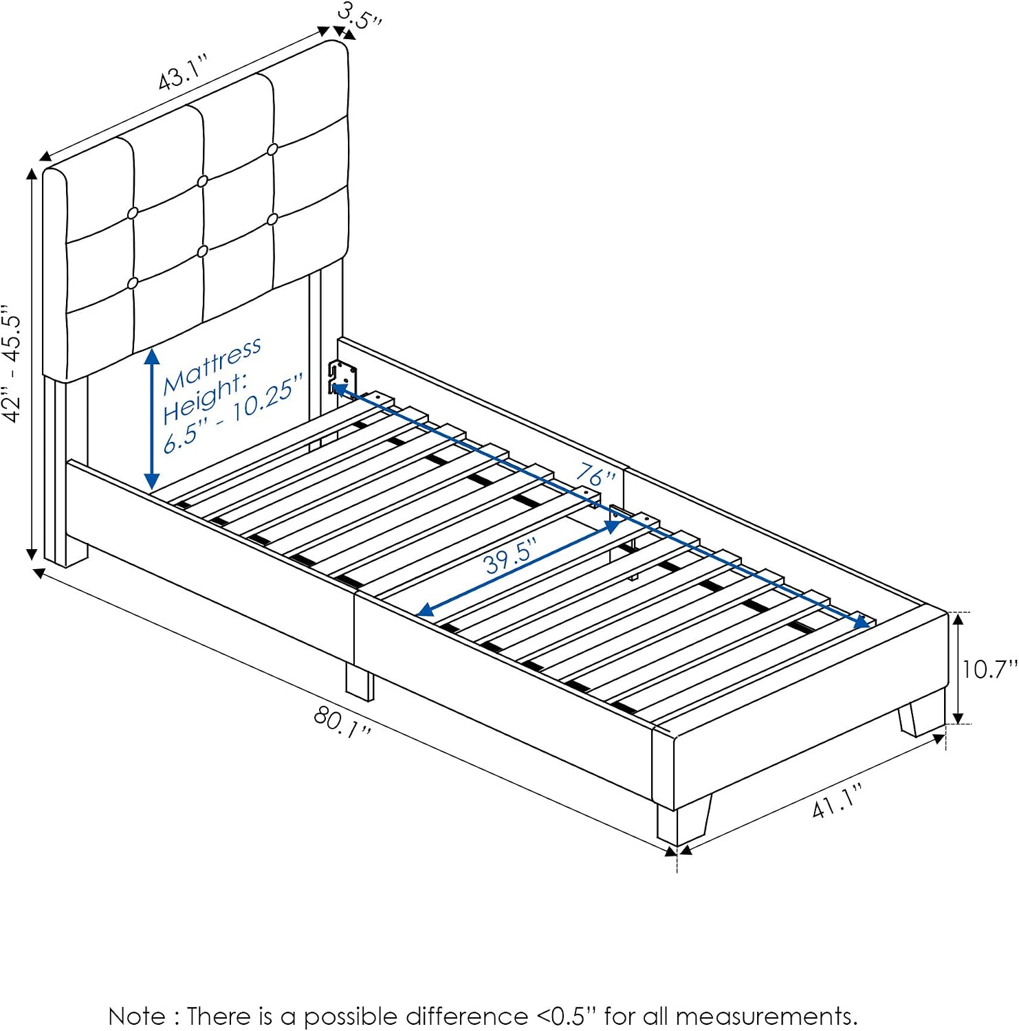 Furinno Laval Button Tufted Upholstered Platform Bed Frame, Twin, Glacier
