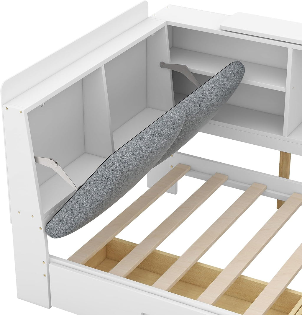 Harper & Bright Designs Twin Size Daybed with 2 Storage Drawers and Bookcase,Wood L Shaped Twin Platform Bed Frame with Shelves, Twin Sofa Bed Frame with Slats Support, No Box Spring Needed, White