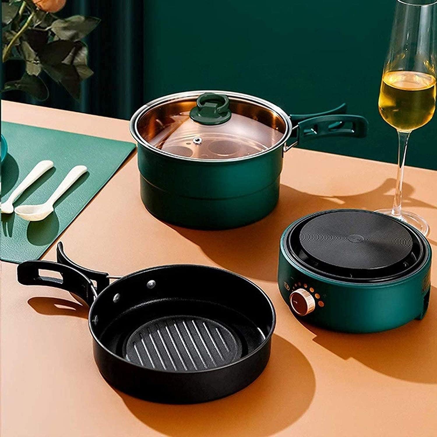 BBQ Smokeless Grill Folding Mini Electric Cooking Pot Food Grade 304 Stainless Steel Electric Heating Pot Adjustable Temperature Non-stick and Easy to Clean,White (Color : Green)
