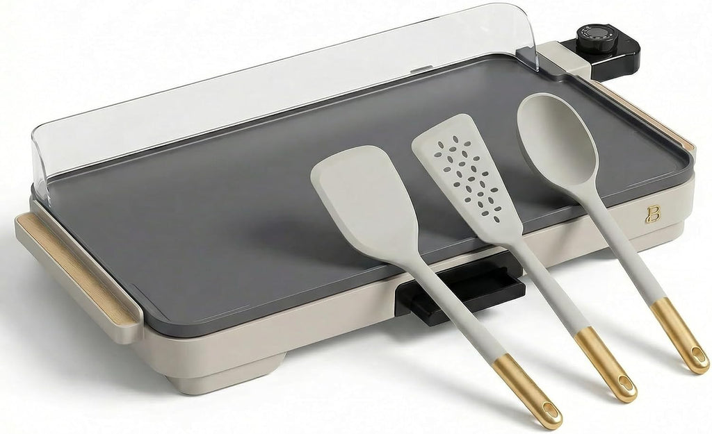XL Electric Griddle 12' x 22' with Ceramic Nonstick Coating and Removable Heat Control with 3-Piece Silicone Spoon, Porcini Taupe Flat Top Electric Grill with Drip Tray and Backsplash