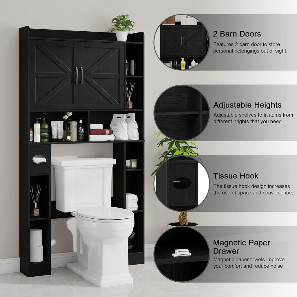Vabches Over The Toilet Cabinet, Double Doors Bathroom Shelf Organizer with Toilet Paper Holder Stand and Open Storage Shelf, Small Freestanding Space Saver for Restroom, Bathroom, Laundry, Black