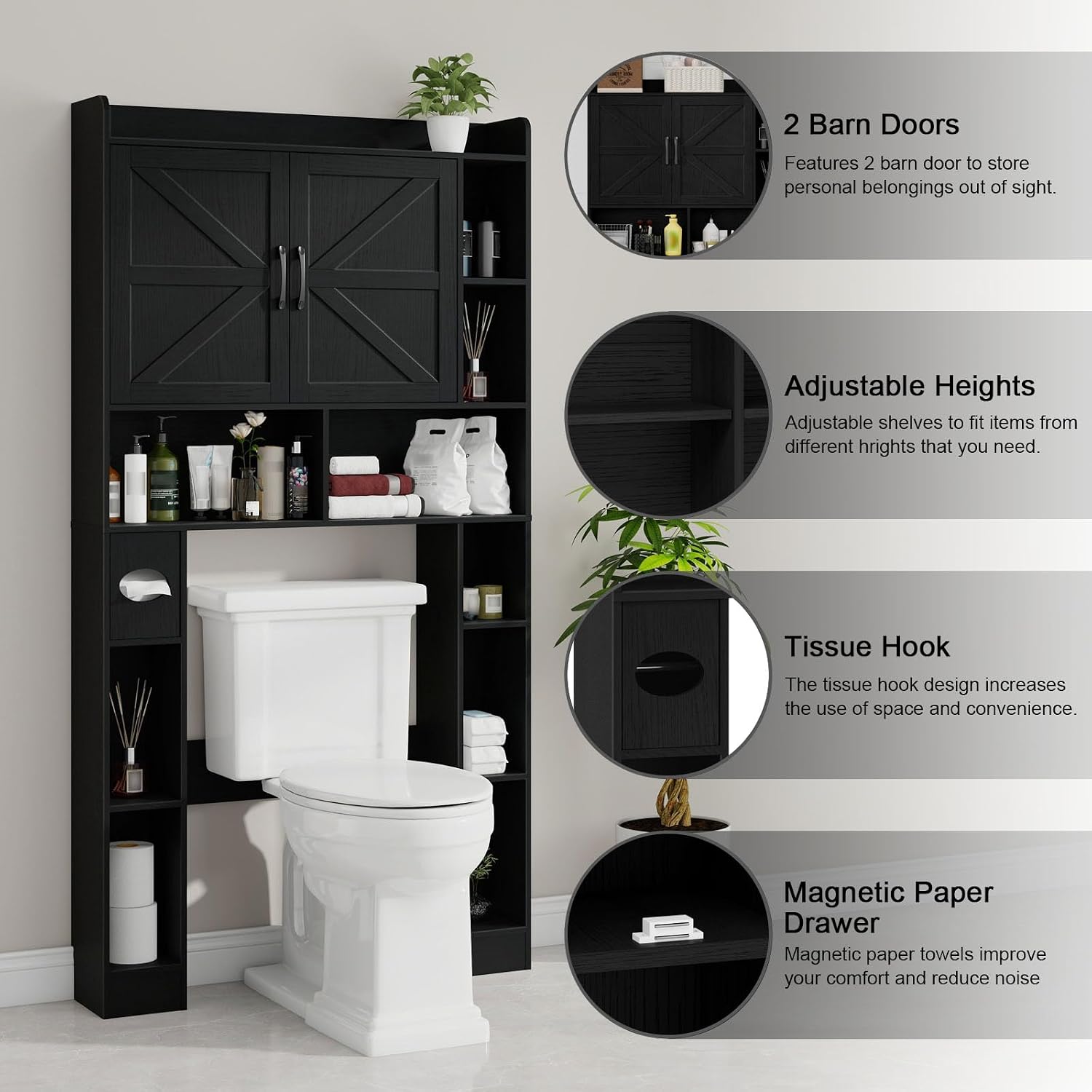 Vabches Over The Toilet Cabinet, Double Doors Bathroom Shelf Organizer with Toilet Paper Holder Stand and Open Storage Shelf, Small Freestanding Space Saver for Restroom, Bathroom, Laundry, Black