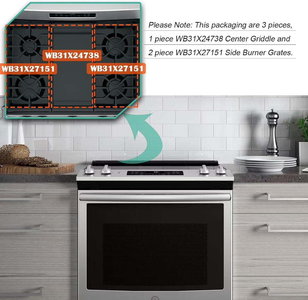WB31X24738 Cast Iron Griddle & WB31X27151 Stove Grates Replacement for GE Gas Stove JGBS66REKSS, JGB700SEJ4SS, JGSS66SEL1SS, JGSS66SEL3SS, Griddle Plate Side Burner Grate Cooktop for GE Range Parts.
