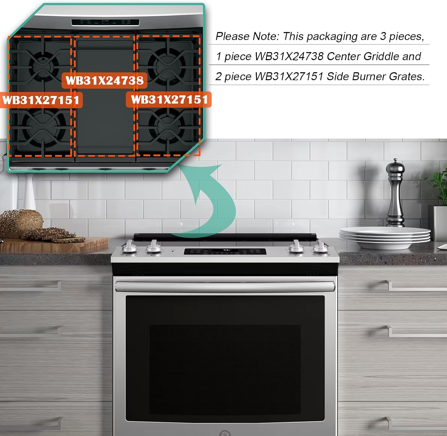 WB31X24738 Cast Iron Griddle & WB31X27151 Stove Grates Replacement for GE Gas Stove JGBS66REKSS, JGB700SEJ4SS, JGSS66SEL1SS, JGSS66SEL3SS, Griddle Plate Side Burner Grate Cooktop for GE Range Parts.