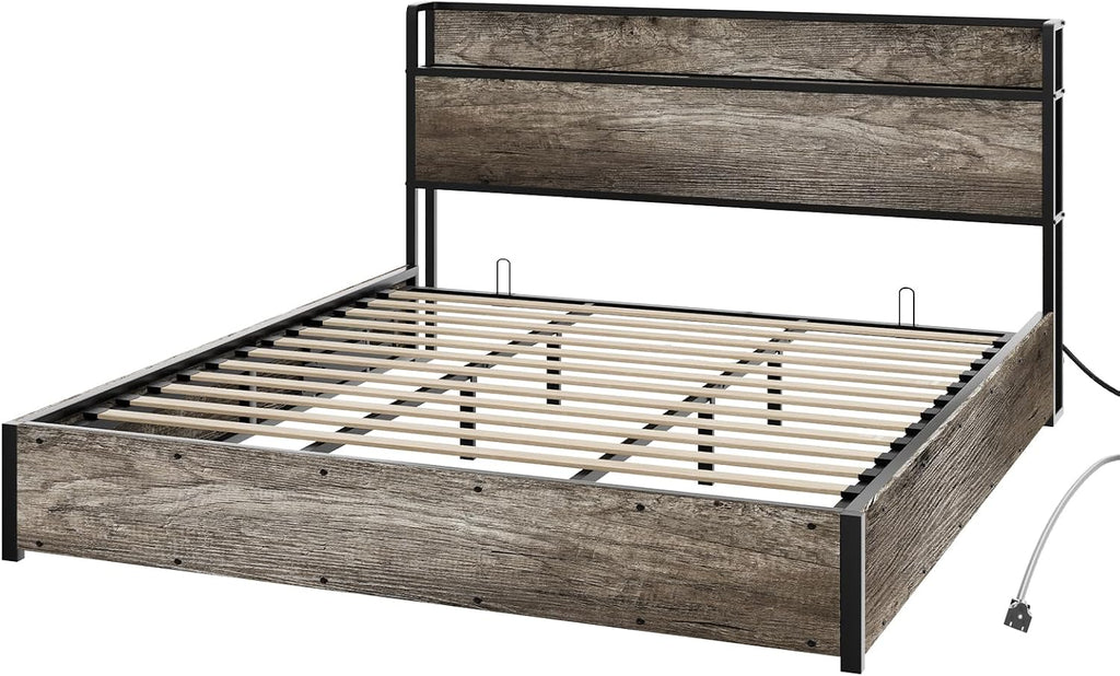 AMERLIFE King Size Lift Up Storage Bed Frame, Wooden Platform Bed Frame with Lifting Storage & Charging Station, No Spring Box Needed/Noise Free, Rustic Grey