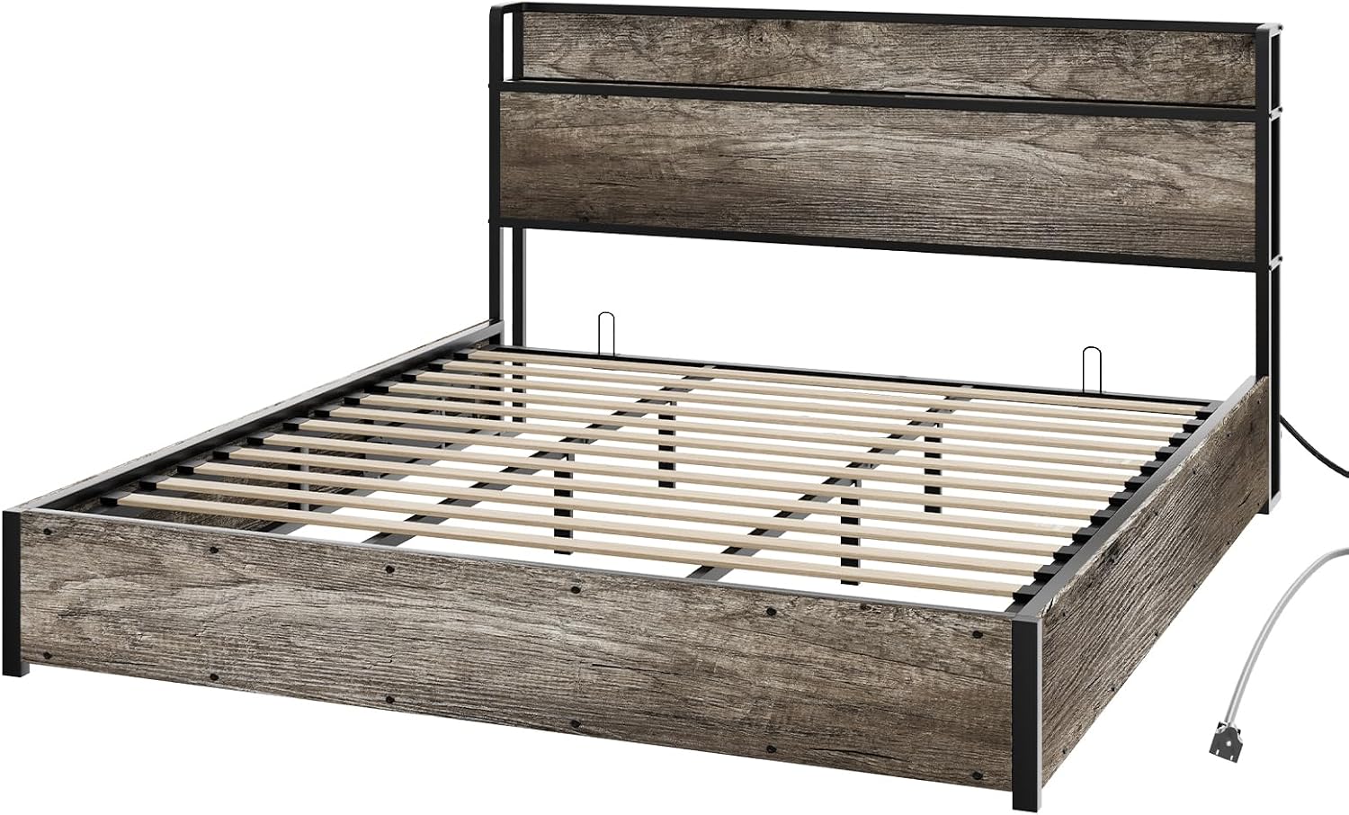 AMERLIFE King Size Lift Up Storage Bed Frame, Wooden Platform Bed Frame with Lifting Storage & Charging Station, No Spring Box Needed/Noise Free, Rustic Grey