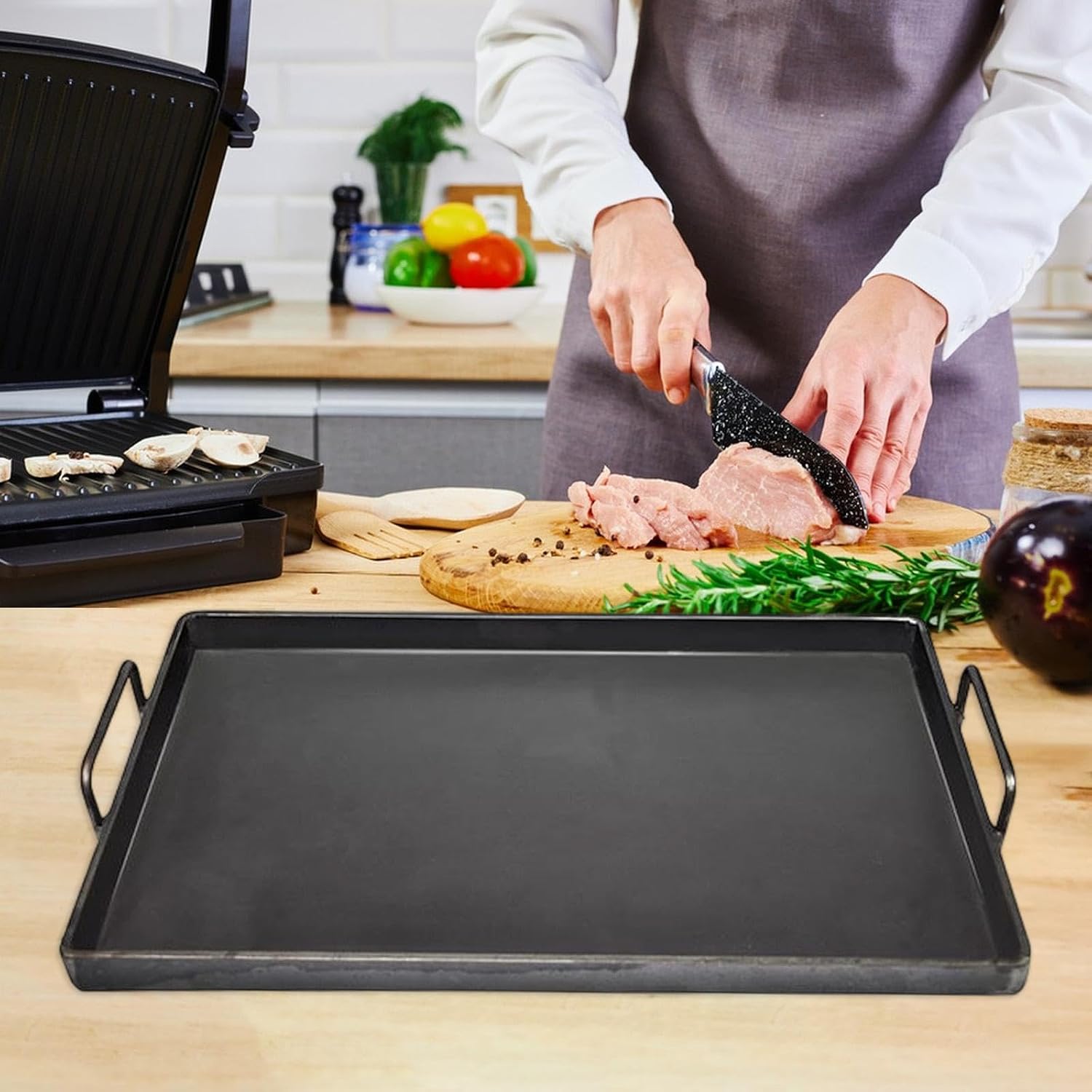 Grilling Pan, Flat Top Plate with Handle,Utility Accessories, Iron Griddle Pan for Gas Grill Indoor Camping Outdoor