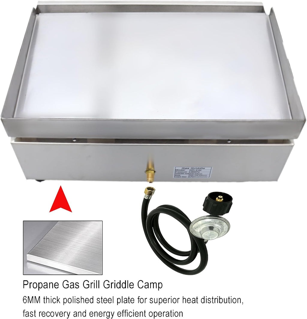 LPG Gas Grill Griddle 2 Burners Camp Countertop Stainless Steel Flat Cooking Grill 2800Pa Hot Plate Stove Outdoor Kitchen Pancakes Maker Machine with Adjustable Temperature Control