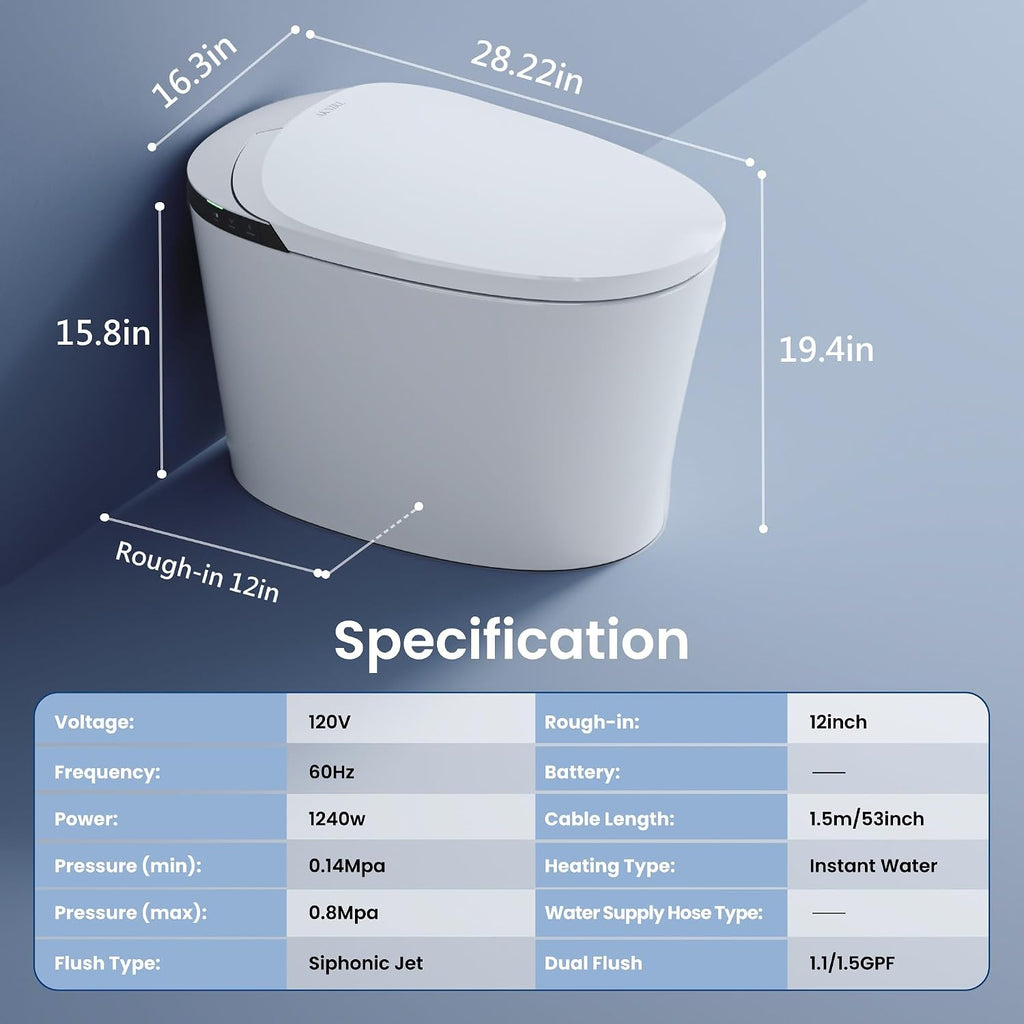 Smart Toilet with Bidet Built-in, Heated Seat, Booster Pump Assisted, Auto Flush, Warm Water, Air Dryer, Deodorization, Modern Smart Toilets for Bathrooms, White
