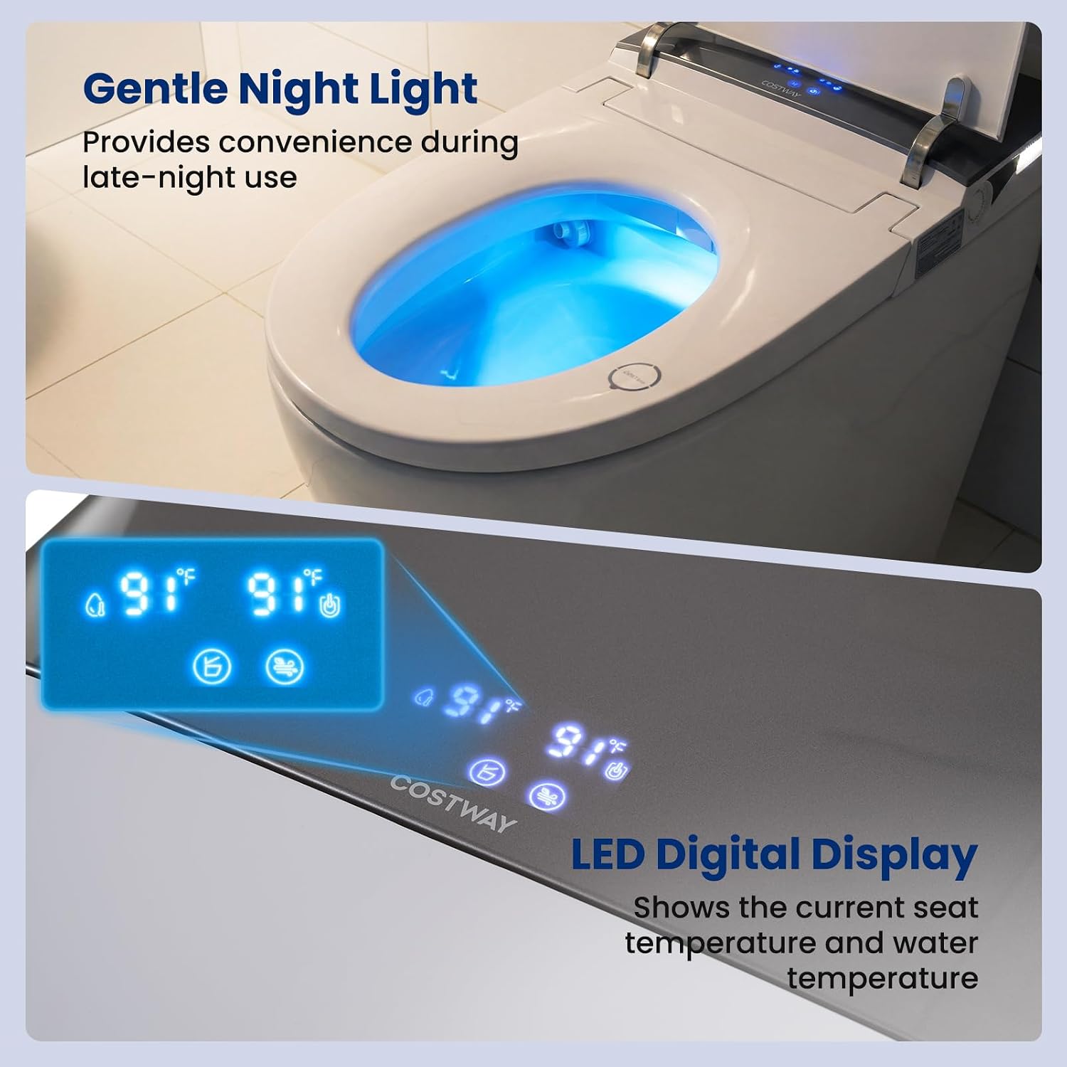 COSTWAY Smart Toilet with Built-in Bidet, Electric One Piece Toilet w/1000g MaP Flushing, Built-in Tank & Pump, Auto Flush, Foot Kick, Heated Seat, Warm Water & Dryer, LED Display, Night Light, Remote