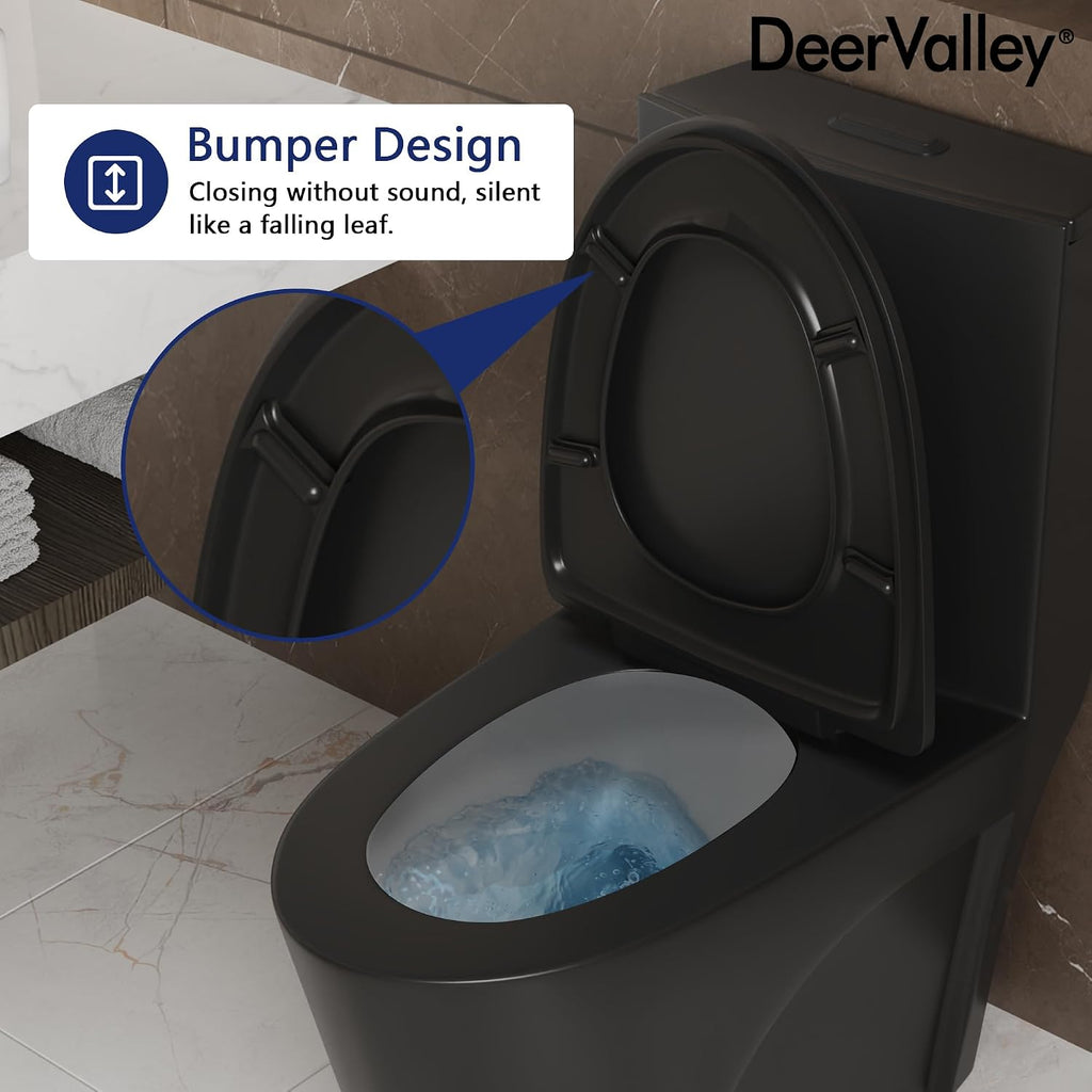DeerValley Elongated One Piece Toilet with Comfort Height, Dual Flush Toilet with Soft Close Seat, High Efficiency 1.1/1.6 GPF 12'' Rough-In Matte Black Toilet