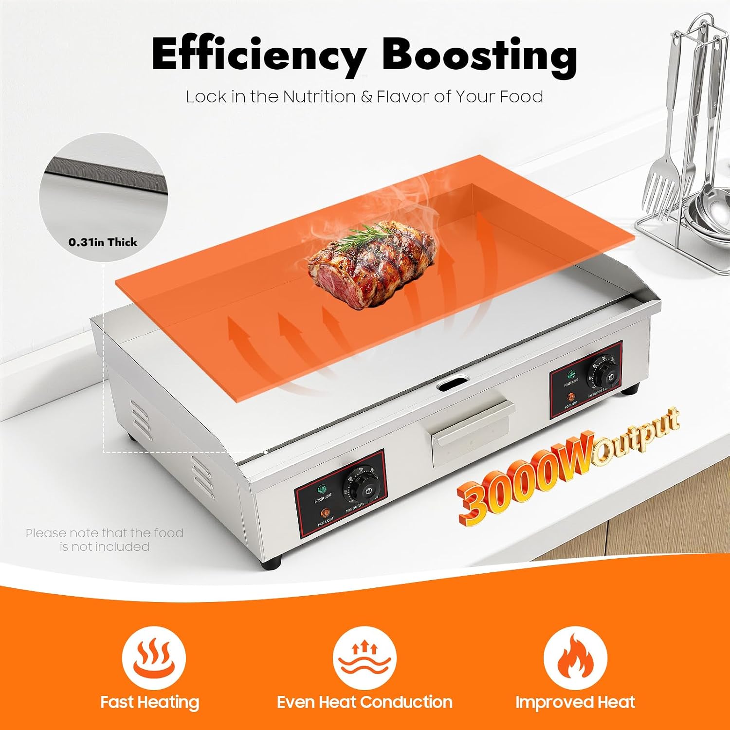 110V Commercial Electric Griddle Countertop Flat Top Grill Stainless Steel Tabletop BBQ Griddle Adjustable Temperature Control Teppanyaki Grill,Without Plug ﻿ (3000W,28.7 * 18.9 * 9.06inch)
