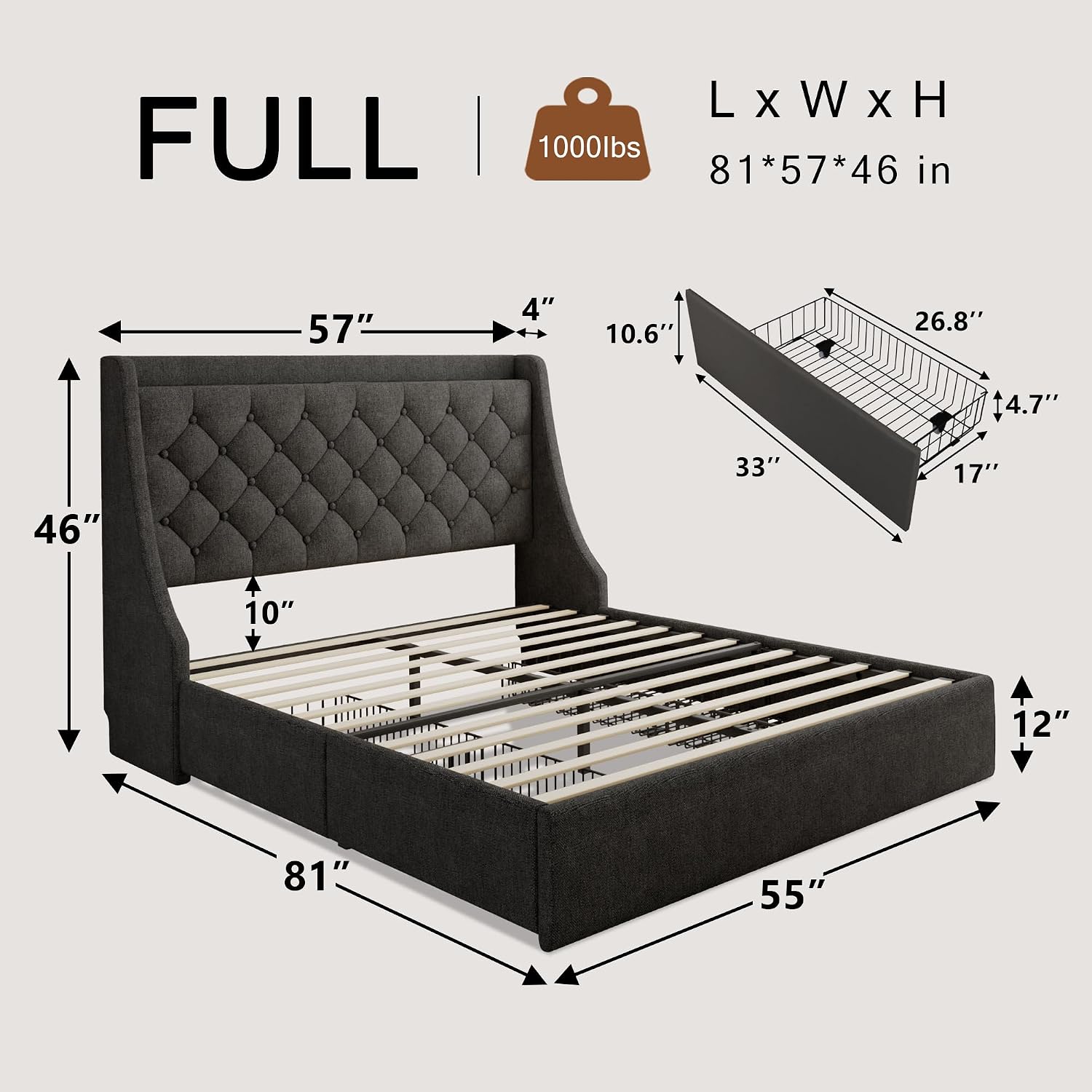 Einhomn Full Size Bed Frame with 4 Storage Drawers, Upholstered Bed Frame with Large Wingback Headboard, Charging Station, No Box Spring Needed, Dark Grey