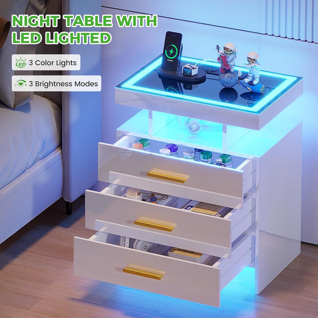 HNEBC Night Stand Set 2 with LED Lights, High Gloss Nightstand with 3 Drawers,Wireless&USB&Type-C Charging Station,Smart Side Tables with Tempered Glass Top for Bedroom,Living Room,Office-White