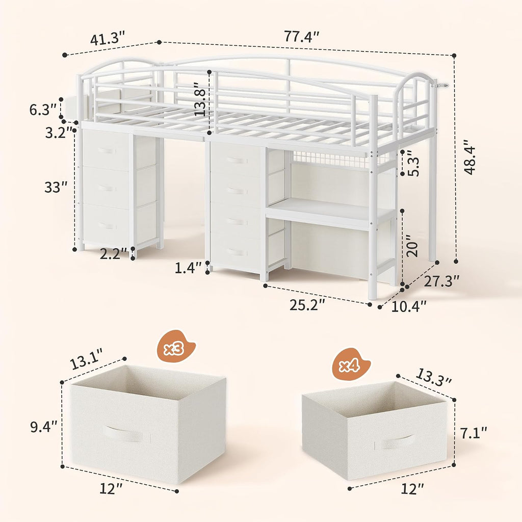 Low Loft Bed Twin Size with 7 Storage Drawers, Desk and LED Lights, Heavy Duty Metal Kids Loft Bed with 12' H Safety Guardrail, Anti-Collision Pad, Private Play Curtain, Under-Bed Play Space - White