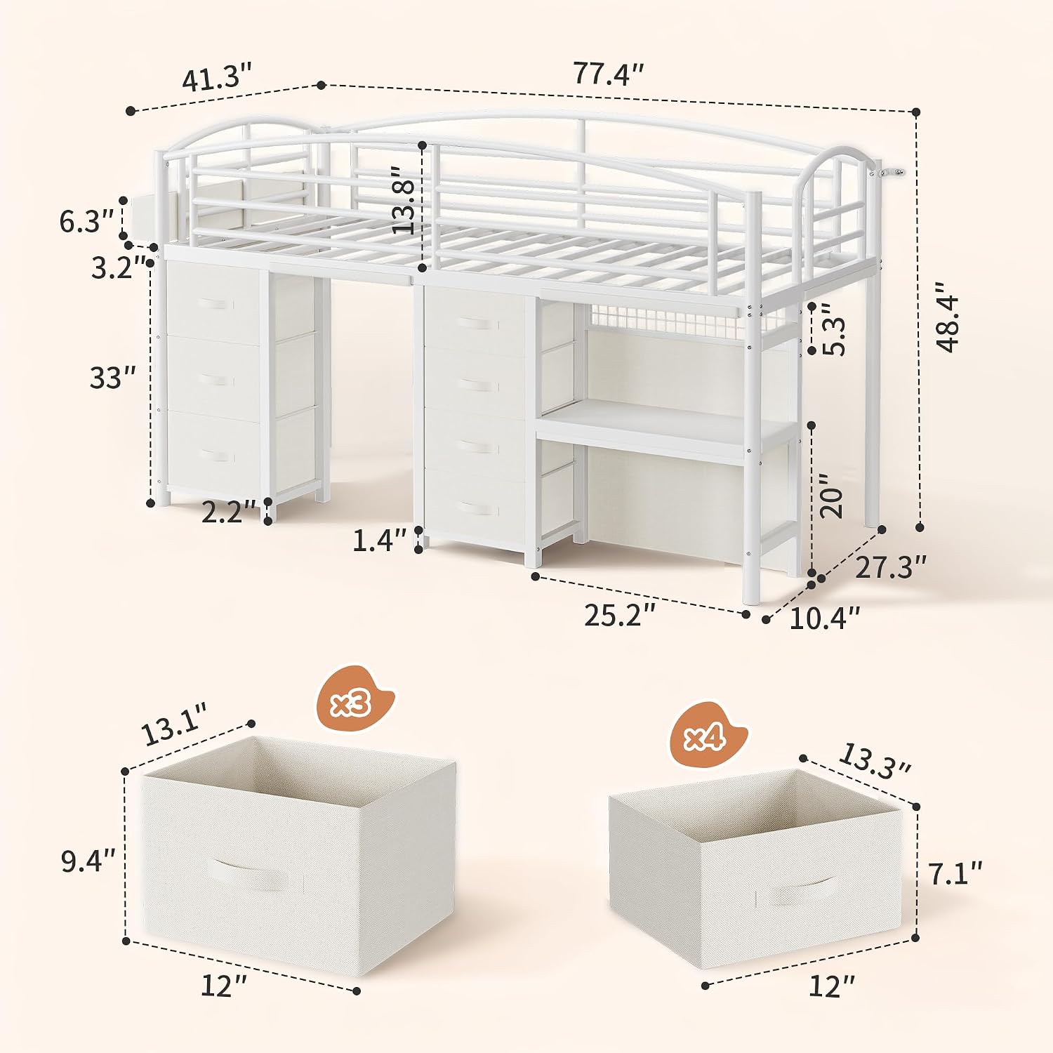 Low Loft Bed Twin Size with 7 Storage Drawers, Desk and LED Lights, Heavy Duty Metal Kids Loft Bed with 12' H Safety Guardrail, Anti-Collision Pad, Private Play Curtain, Under-Bed Play Space - White