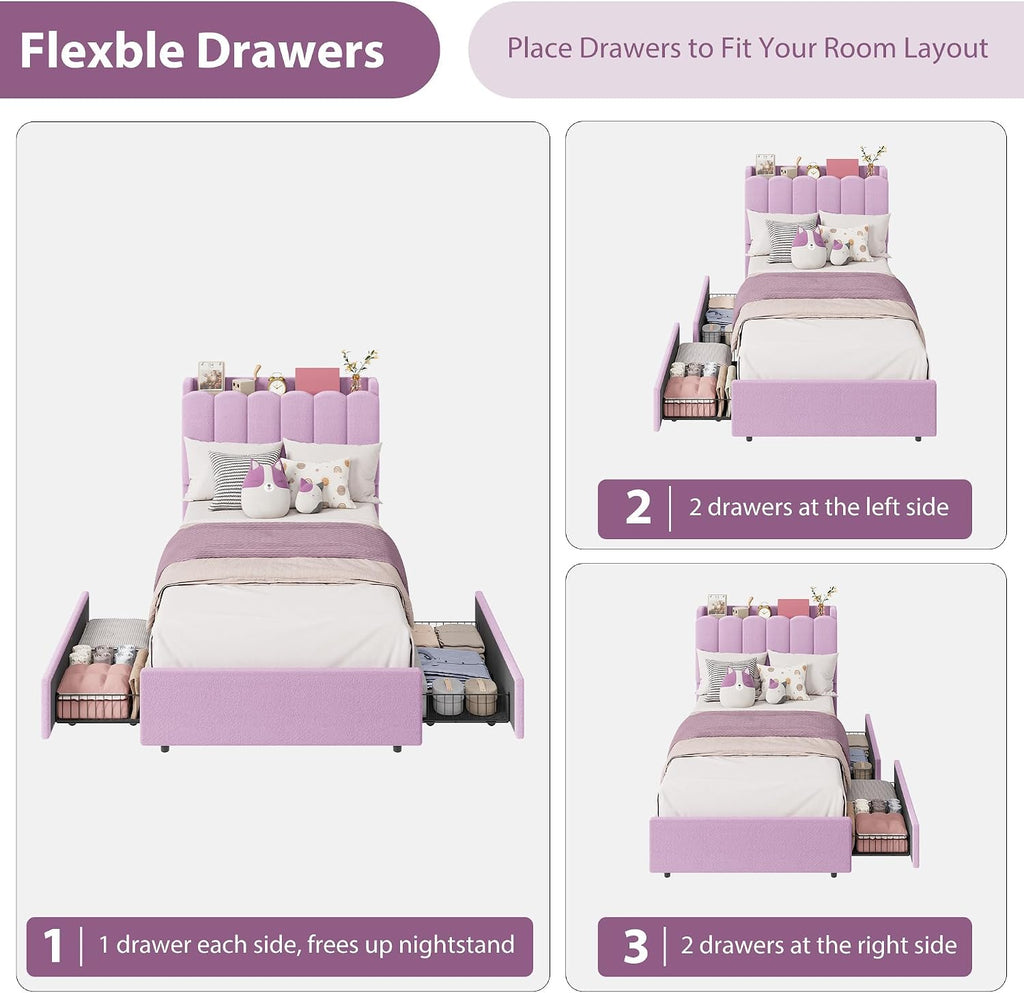 Garvee LED Twin Size Bed Frame with Storage Headboard, Kids Bed Frame with 2 Drawers, Boucle Upholstered Platform Bed for Girls, Chic Wavy Headboard with Bookcase, No Box Spring Needed, Purple