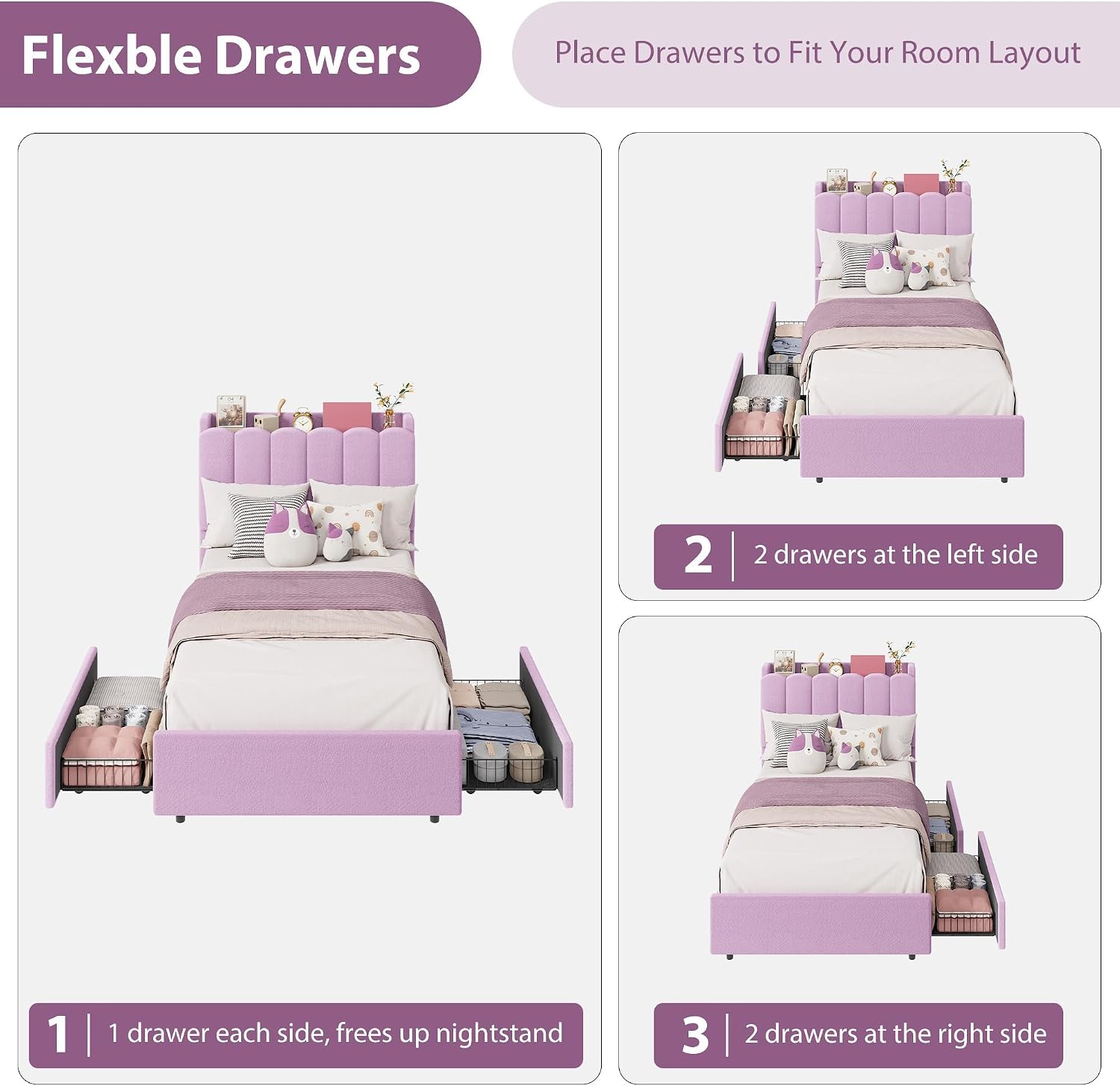 Garvee LED Twin Size Bed Frame with Storage Headboard, Kids Bed Frame with 2 Drawers, Boucle Upholstered Platform Bed for Girls, Chic Wavy Headboard with Bookcase, No Box Spring Needed, Purple