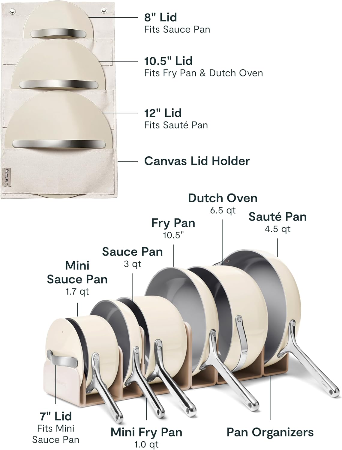 Caraway 31-Piece Ceramic Cookware Bundle - Fry Pans, Saucepans, Sauté Pan, Dutch Oven, Petite Cooker, Stir Fry, Rondeau, Stock Pot, Grill & Griddle Pans, Roasting Pan, Racks, Organizers - Cream