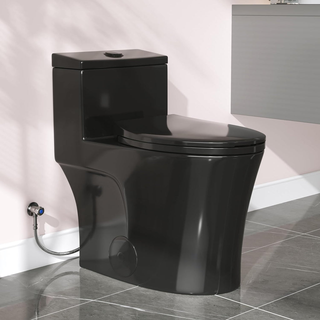 HOROW T0338WB Elongated One Piece Toilet Black, Compact Modern Toilet with Comfortable Seat Height, ADA Chair Height 17.3', Power Dual Flush 0.8/1.28 GPF, Matte Black, 12' Rough-in