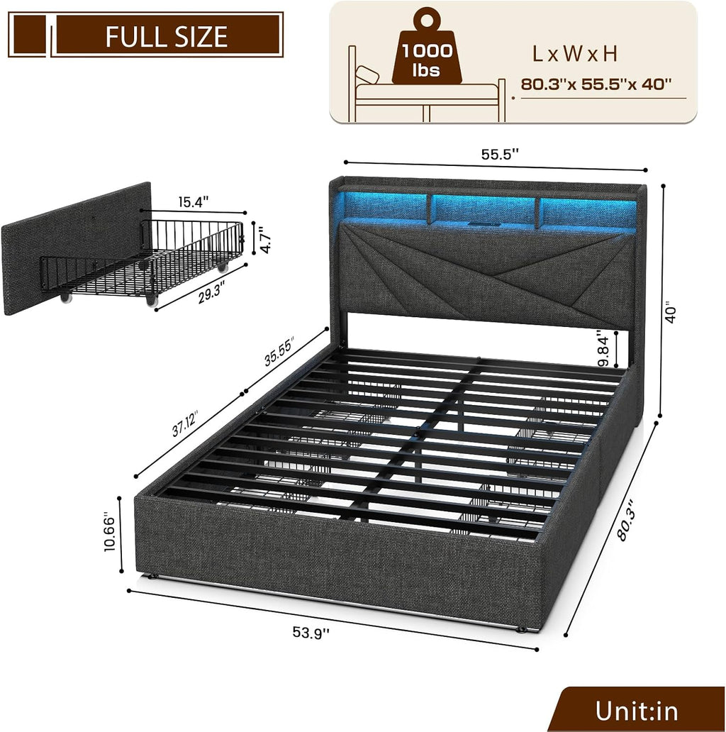 Driftalia LED Full Size Bed Frame with 4 Storage Drawers, Upholstered Full Bed Frame with 2-Tier Headboard and Charging Station, No Box Spring Needed, Easy to Assembly - Dark Grey