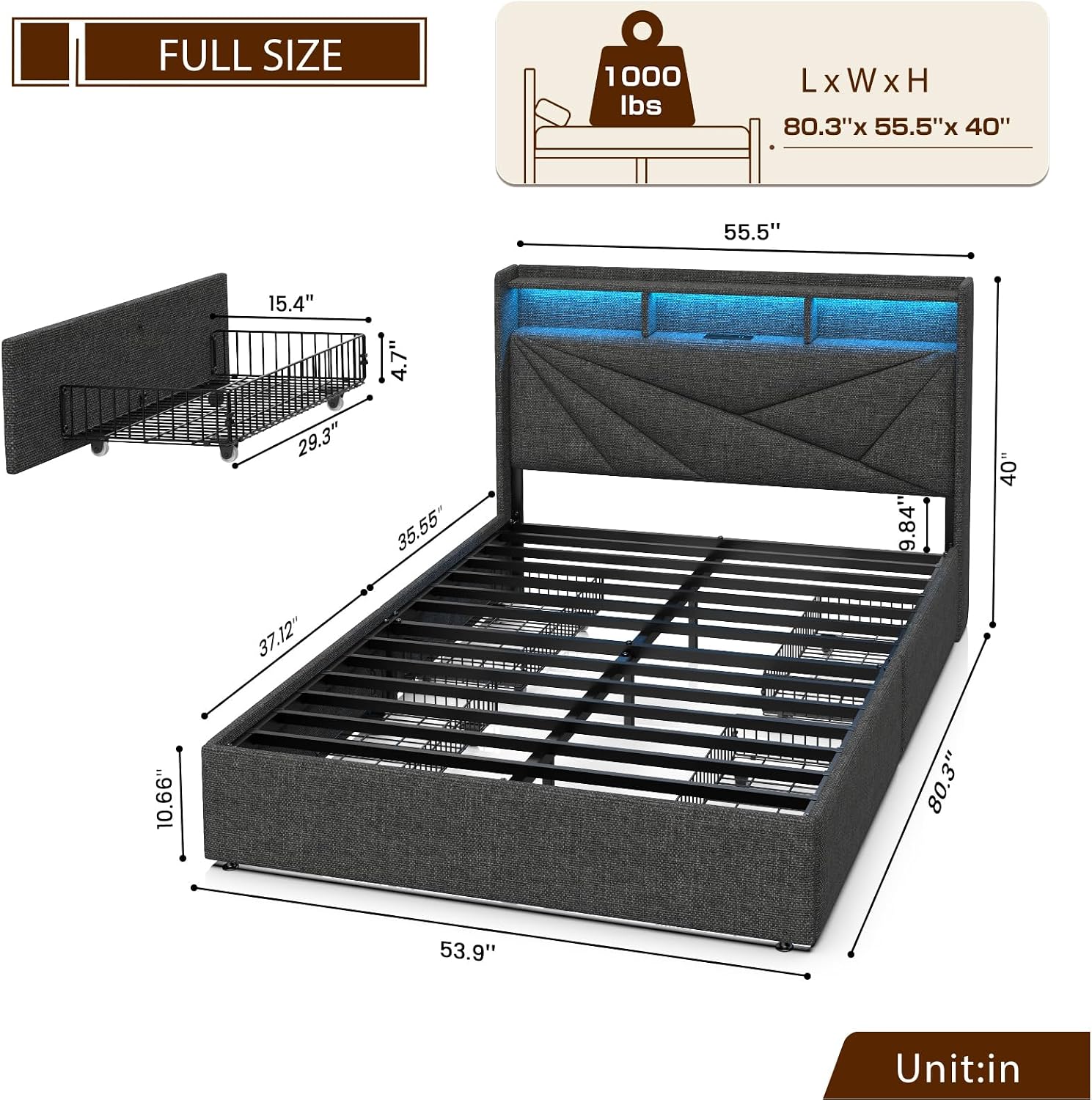 Driftalia Full Size Bed Frame with 4 Storage Drawers, Upholstered Full Bed Frame with LED Lights Headboard and Charging Station, No Box Spring Needed, Easy Assembly - Dark Grey