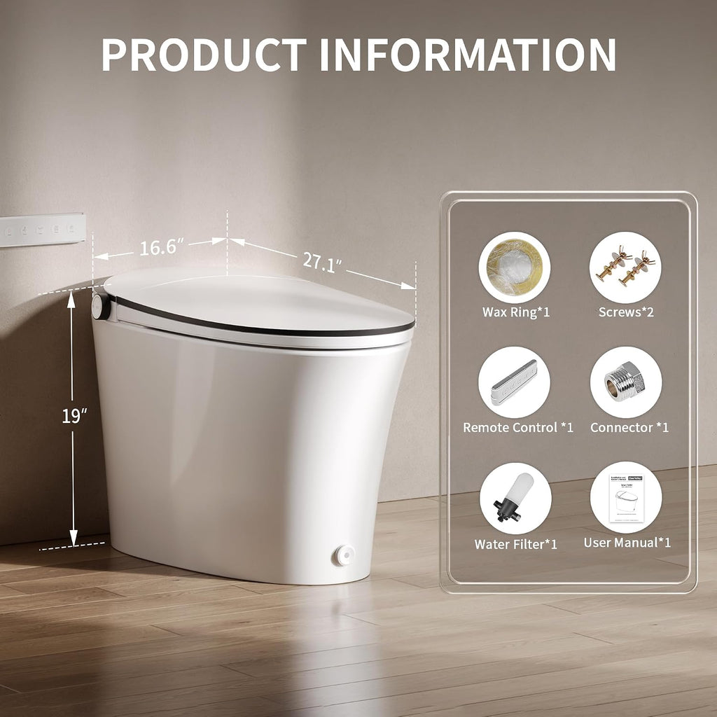 DeerValley Smart Toilet Auto Open & Close One Piece Tankless Toilet with Bidet Built in Auto Flush Warm Water Air Dryer Heated Seat Intelligent Water Filter for Modern Luxury Smart Home - DV-1S0019Pro