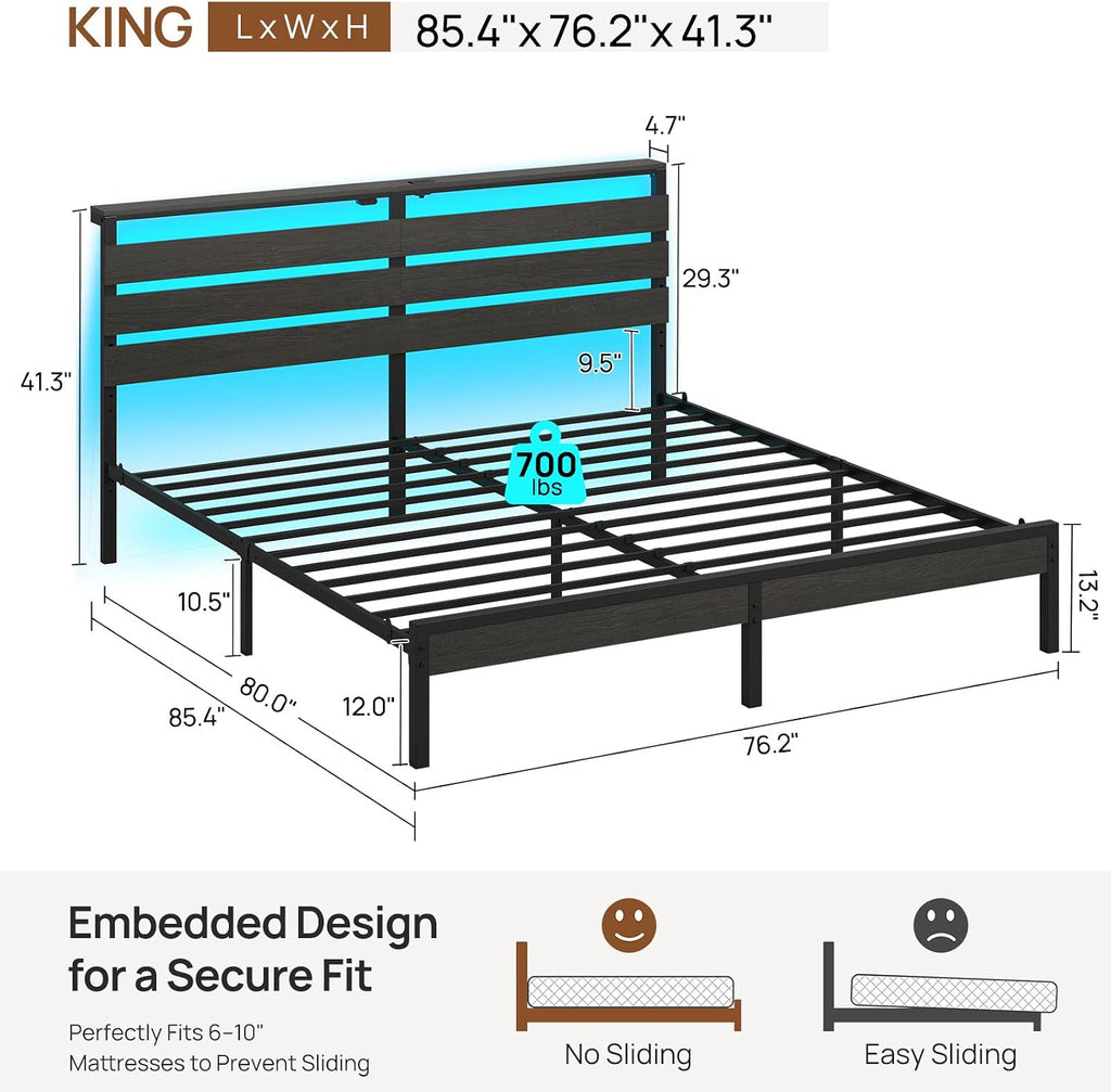 Rolanstar King Size Bed Frame with LED Lights and Charging Station, Wood Storage Headboard and Under Bed Storage, Metal Platform, Noise Free, No Box Spring Needed, Balck Oak