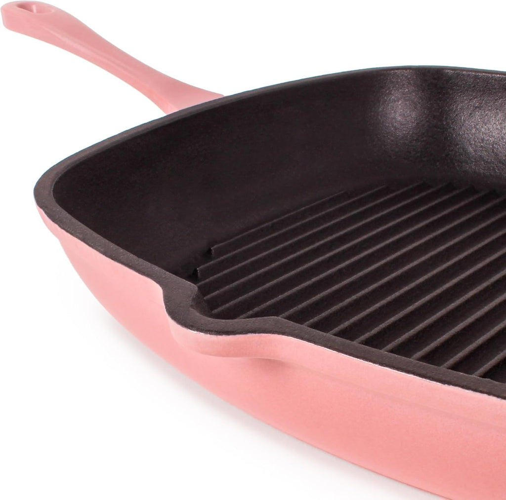 BergHOFF 3Pc Neo Enameled Cast Iron Cookware Set, 3qt. Dutch Oven, Matching Lid, Square Grill Pan 11 Inches, Oven Safe Up To 400°F, Pink