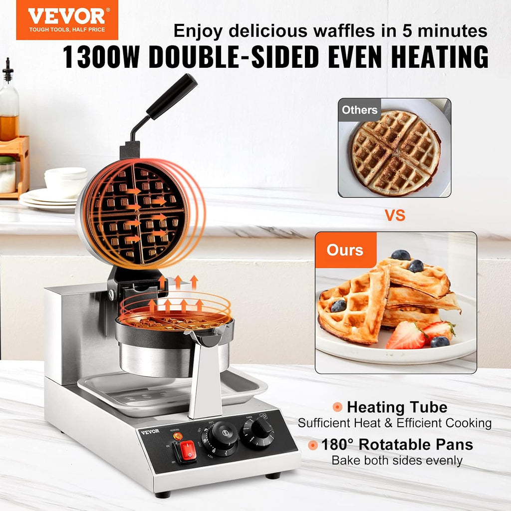 VEVOR Commercial Waffle Maker, 1 Piece per Batch, 1300W Round Waffle Iron, Non-Stick Waffle Baker Machine with 122-572℉ / 50-300℃ Temp Range Teflon-Coated Baking Pans Stainless Steel Body, 110V