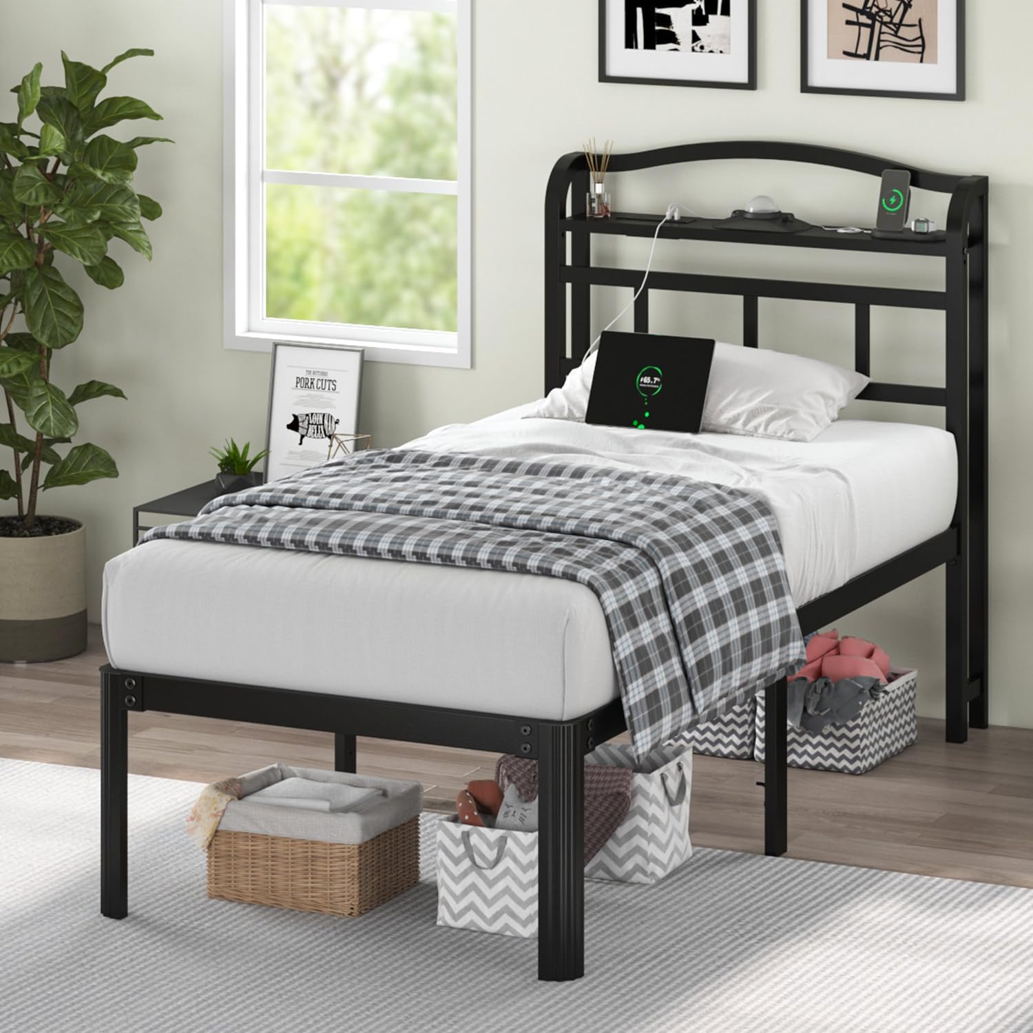 QEROMY Twin XL Bed Frame - Storage Headboard with Galaxy Aurora Star Projector & Charging Station, 18 inch Heavy Duty Metal Bed Frame No Box Spring Needed, Easy Assembly