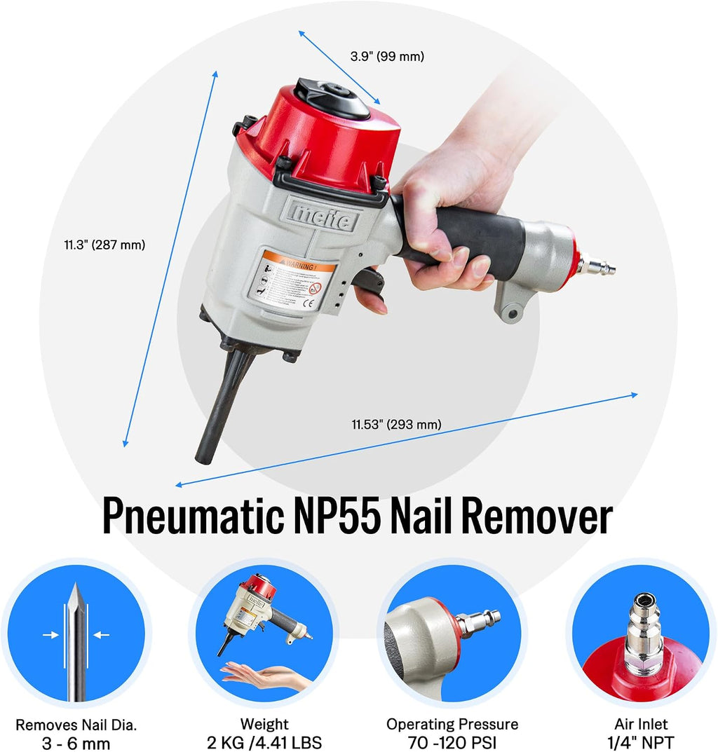 meite NP55 Pneumatic Nail Remover, Professional Heavy Duty Air Punch Nailer Denailer Gun Removes 9-16 Gauge Nails Length 71-90 mm, 85-120 PSI Pallet Nail Puller for Wooden Furniture & Reclaimed Wood
