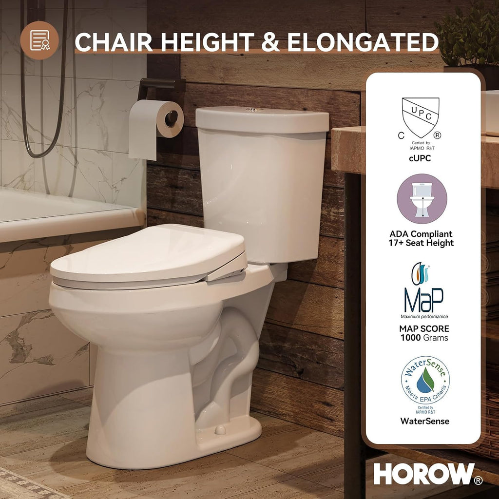 HOROW Two-Piece Elongated Tall Toilet with Smart Seat, 17 Inch ADA Height Toilet with Heated Seat, Powerful 1.1/1.6 GPF Dual Flush toilet, MAP 1000g, 12' Rough In High Bowl for Seniors, White