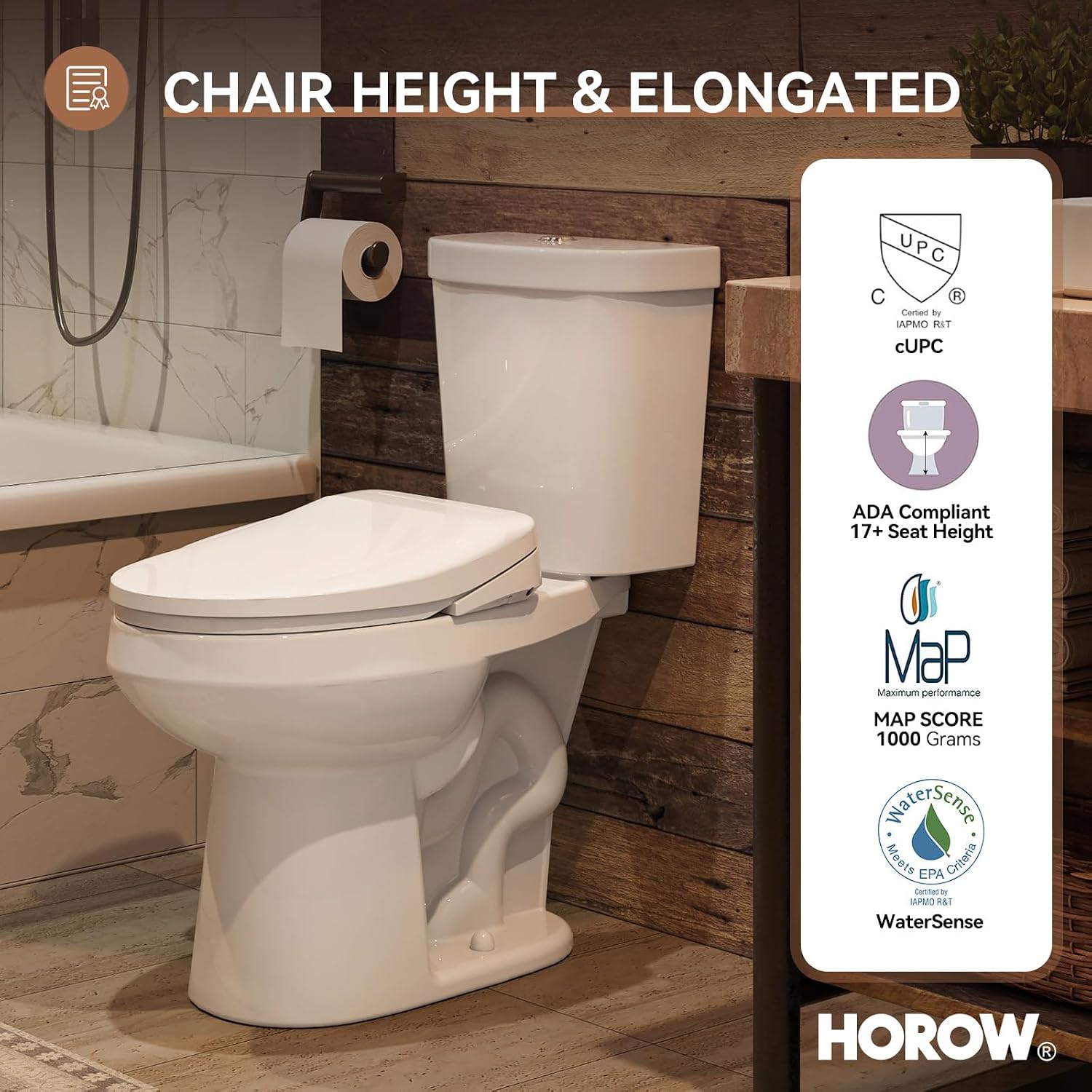 HOROW Two-Piece Elongated Tall Toilet with Smart Seat, 17 Inch ADA Height Toilet with Heated Seat, Powerful 1.1/1.6 GPF Dual Flush toilet, MAP 1000g, 12' Rough In High Bowl for Seniors, White