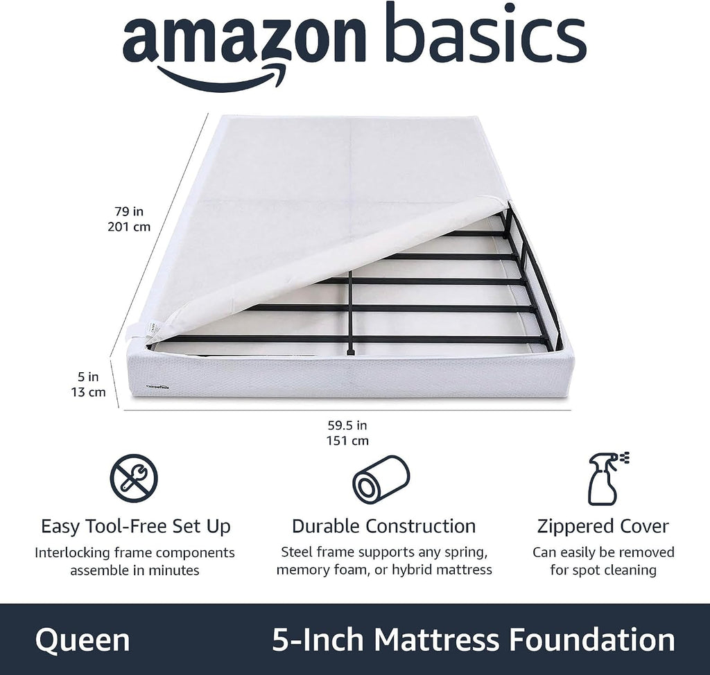 Amazon Basics Smart Box Spring Bed Base, 5-Inch Low Profile Height Mattress Foundation, Sturdy Durable Steel Support, Tool-Free Easy Assembly, Queen, 79' x 59.5' x 5', White